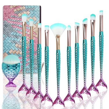 Mermaid Makeup Brushes Set, NIZIYI 11PCS Make Up Foundation Powder Cream Eyebrow EyeShadow Eyeliner Lip Blush Concealer Kabuki Beauty Brushes with Bag for Girls Christmas &amp; Birthday Gift