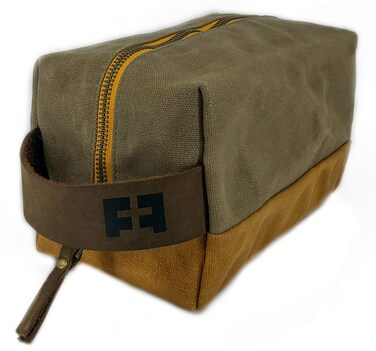 the DOPP KIT   durable waxed cotton canvas toiletry bag with leather handle (SandDune)