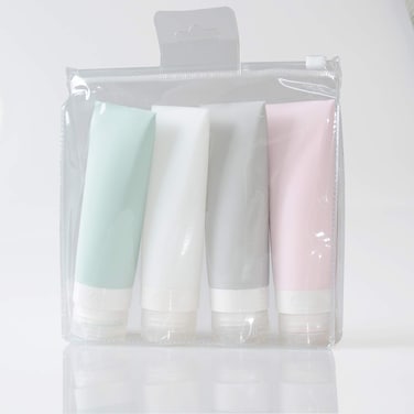 Travel Size Containers,Set of 4, 2.7 oz Leakproof Silicone Bottles Cosmetic Toiletries Accessories Set for Shampoo Lotion Soap Conditioner - Clear Toiletry Bag and Labels Included