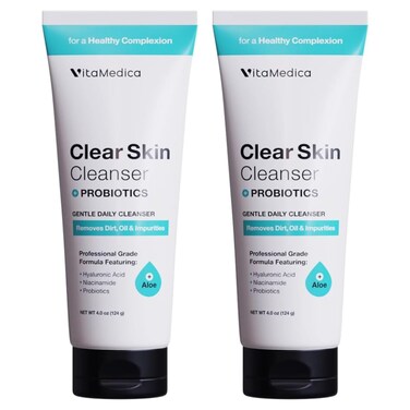 VitaMedica Clear Skin Probiotic Foaming Daily Face Wash - Gentle Water-Based Gel Facial Cleanser for Acne-Prone Skin - Moisturizing Formula with Aloe, Niacinamide, Hyaluronic Acid - 2 Pack