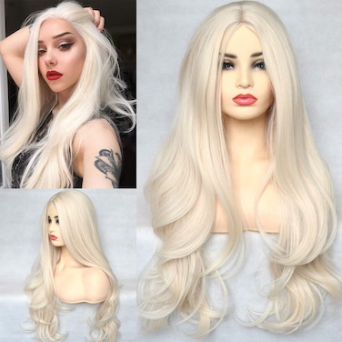 Platinum Blonde 60# Synthetic 13x4x1 T-Lace Front Wig Long Natural Wavy Heat Resistant Synthetic Hair Replacement Full Wigs Middle Part for Women 22 Inch