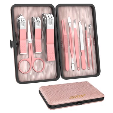 ZIZZON Travel Mini Manicure Set Nail Clipper Set 10 in 1 Stainless Steel Pedicure Care Grooming kit with Case Pink