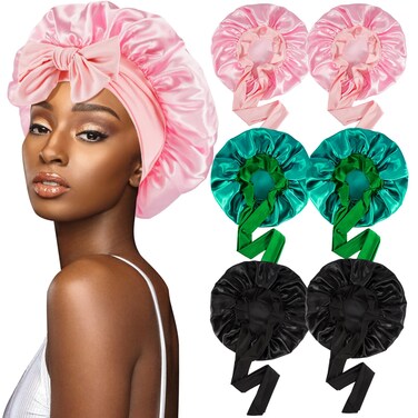 6 Pcs Silk Bonnet for Sleeping, Large Satin Bonnet, Women Hair Bonnet with Tie Band, Large Bonnet Night Sleep Cap for Women Curly Hair, Black, Pink, Light Green
