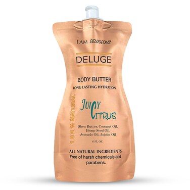 DELUGE juicy citrus Body Butter for Women &amp; Men &ndash; 100% Organic Body Butter for Dry Skin - USA Made Natural Body Butter with Long Lasting Hydration &amp; Non-Greasy Finish (6 FL OZ)
