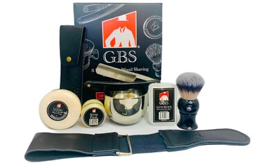 G.B.S Men&rsquo;s Wet Shaving Kit Shaving Stainless Steel Razor Wood Handle with Case Synthetic Badger Hair Brush All-Natural Shave Soap Chrome Shaving Bowl Leather Strop Alum Block