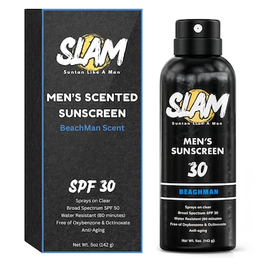 SLAM BeachMan Men's Scented Sunscreen Spray SPF 30 &ndash; Broad Spectrum Sun Screen Spray for Face &amp; Body, Water &amp; Sweat Resistant Spray Sunscreen SPF 30, UVA/UVB Protection, Sunblock Spray for Men