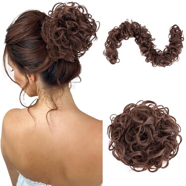 Benehair Messy Bun Hair Piece Juva Bun Hair Scrunchie Fluffy Curly Touseld Updo DIY Wrap Around Ponytail Hairpiece 32inch Wavy Donut Chignons for Women Medium Brown 85g
