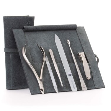 GERMANIKURE 6pc Manicure Set in Gray Suede Case - FINOX Stainless Steel Tools Made in Germany, Glass Nail Care Supplies Made in Czech Republic &ndash; Professional Cuticle and Nail Care Kit