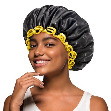 mikimini Black Shower Cap for Women, Men &amp; Girls 1 Pack Reusable Double Layers Waterproof Bathing Shower Hat with Soft Comfortable PEVA Lining, non-fading, Stretchy Shower Cap
