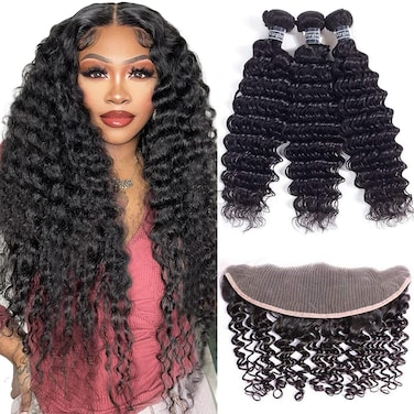 Amella Hair Deep Wave 3 Bundles with Frontal Ear to Ear Lace Frontal Closure with Bundles Brazilian Virgin Hair with Closure Human Hair Extensions (14 16 18+12inch)