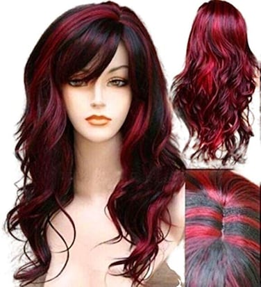 Short Curly Wig with Bangs Synthetic Long Hair Wavy Red Mixed Black Wigs Party Cosplay Costume Halloween Wig Resistant Fiber Hair for Women Girls, 24 Inch (Pack of 1), Red mixed with black