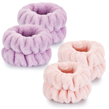 4 Pcs Wrist Towels for Washing Face-Dorbetar, Microfiber Wrist Bands for Washing Face, Spa Wristbands for Washing Face, Fluffy Towel Bands, Arm Bands for Washing Face for Woman Children（Purple,Pink）