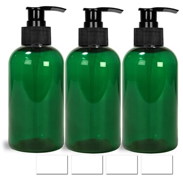 EZProUSA Empty Plastic Pump Bottles Shampoo Conditioner Lotion with Waterproof Labels, Essential Oils Refillable BPA-Free Leak-Proof, 16oz Green, Pack of 3