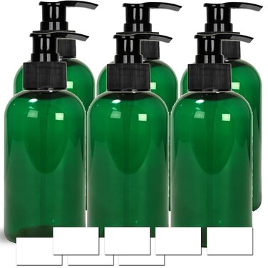 EZProUSA Empty Plastic Pump Bottles Shampoo Conditioner Lotion with Waterproof Labels, Essential Oils Refillable BPA-Free Leak-Proof, 16oz, Pack of 6
