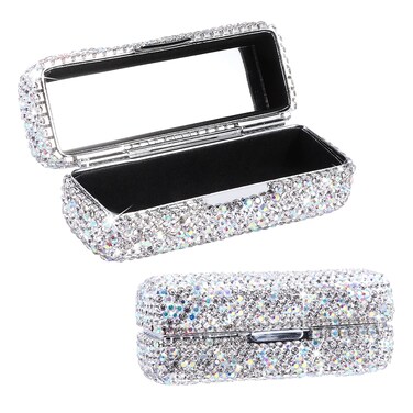 Rhinestone Lipstick Case with Mirror, Bling Crystal Lipstick Case Diamonds Makeup Cosmetic Storage Box Lipstick Holder for Purse Ladies Fashion(Silver Color)