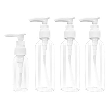 4 Pcs Travel Bottle, 3.4oz/100ml Empty Refillable Plastic Pump Dispenser Bottle with 30ml Small Travel Bottles, Round Transparent Travel Liquid Containers for Lotion Shampoo Oil