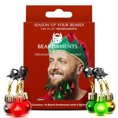 Beard Lights - Light-Up Beard Ornaments for Men - Colorful Christmas Beard Baubles with Easy Clip Attachment - Funny Christmas Ornaments - 16pc