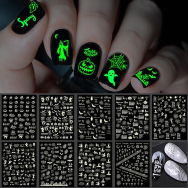 TailaiMei 9 Sheets Halloween Nail Stickers Glow in The Dark, Fluorescent Design Nail Decals, Self-Adhesive DIY Nail Art Tips for Women Manicure