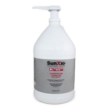CoreTex Sun X 30+ SPF Broad Spectrum Sunscreen Lotion - 1 Gallon Jug &amp; Pump Bottle of Paraben, Oxybenzone, Octinoxate, &amp; Oil Free Sunscreen - No White Cast and Water &amp; Sweat Resistant Up to 80 Minutes