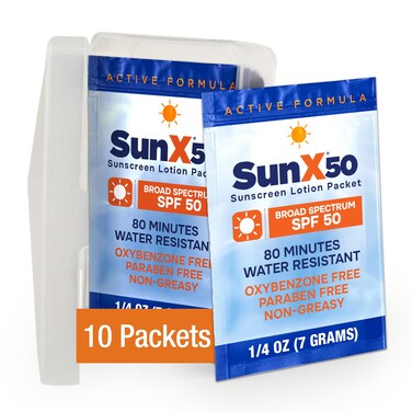 CoreTex Sun X 50 SPF Broad Spectrum Sunscreen Packets w/Carrying Case - Pack of 10 Paraben, Oxybenzone, Octinoxate, &amp; Oil Free Sunscreen - No White Cast and Water &amp; Sweat Resistant Up to 80 Minutes