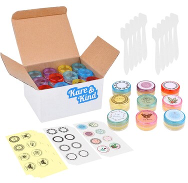 Kare &amp; Kind Lip Balm Container Jars - for Cosmetics - 48-Pack - 6 Colors - DIY - Transparent - 5 Gram (5 ml/0.17 Oz) - Including 48 Writeable &amp; 48 Printed Lip Balm Stickers - Screw Cap Lids - Empty