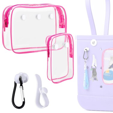 3 Packs Clear Bogg Beach Tote Bag with 2 Pack Insert Hooks Accessories for Bogg Bags Travel Makeup Clean Toiletry Brush Organizer Cosmetic Divider Storage Inner Pouch (Rose Red set of 2)