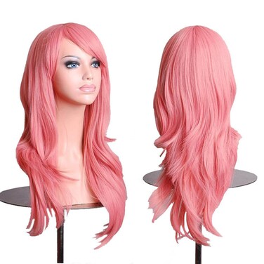 BERON Pink Wigs Long Wavy Women Wigs with Bangs Light Colorful Wave Heat Resistant Synthetic Wigs for Cosplay Daily Wig Cap Included