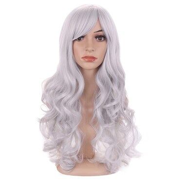 BERON Silver White Wig Long Wavy Curly Silver White Wig with Bangs for Women Synthetic Hair with Cap