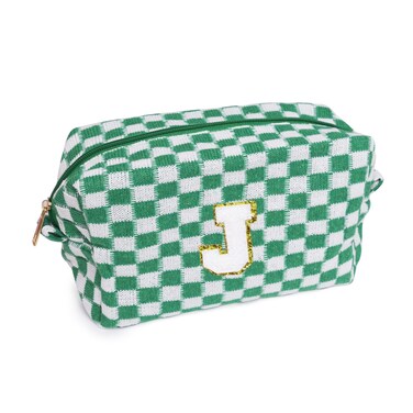 Initial Checkered Cosmetic Bag ，Personalized Gift for Women，Travel Toiletry Bag Organizer Cute Makeup Makeup Pouch Organizer Storage Bag (J, Green)