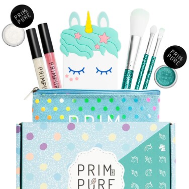 Prim and Pure Mineral Gift Set with Unicorn Mirror  Perfect for Play Dates &amp; Birthday Parties   Kids Eyeshadow Makeup &ndash; Mineral   Organic &amp; Natural Makeup Kit for Kids  Made in USA (Blue)