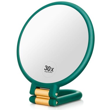 1x 30x Magnifying Travel Mirror, Hand Mirror with Handle - Double Side Hand Held Mirror with 1x30x Magnification &amp; Foldable Handle, Portable Travel Makeup Hand Mirror for Women (Army Green)