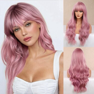Honygebia Light Pink Wig Bangs - Baby Pink Wigs for Women, Long Wavy Coral Pink Heat Resistant Hair, Natural Looking Bright Synthetic - Best Wigs for Halloween/Christmas/Cosplay/Party
