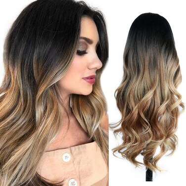 Quantum Love Wigs Ombre Wig Black to Light Brown Side Part Long Wavy Wig Heat Resistant Synthetic Daily Party Wig for Women (Ombre Black to Light Brown)
