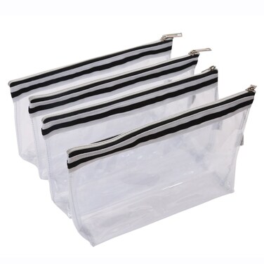 Multi-purpose Waterproof Clear Vinyl Zippered Toiletry Cosmetics Makeup Pouch With French Tape 4-pack