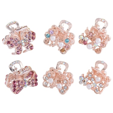 6pcs Rhinestone Small Jaw Claw Pearl Hair Clip Metal Crystal Bow Butterfly Mini Claw Clamps Barrettes for Girls Women