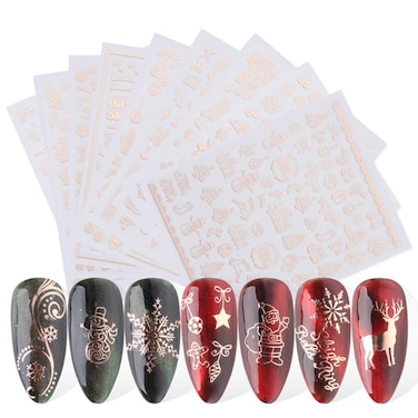 Christmas 3D Nail Art Stickers Laser Xmas Nail Decals Snowflake Elk Leaf Snowman Santa Tree Candy Winter Self Adhesive Nail Stickers New Year Charms Nail Supplies DIY Decorations 9 Sheets Rosegold