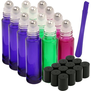 12Pcs, 10ml Glass Roller Bottles with Stainless Steel Roller Ball - Refillable Essential Oil Roll on Bottles with Lid Opener Pry Tool, Great for Aromatherapy, Perfumes and Lip Balms