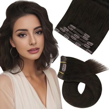 Moresoo Human Hair Clip in Extensions Darkest Brown Hair Extensions Clip in Human Hair Darkest Brown Double Weft Clip in Human Hair Extensions Darkest Brown #2 5Pcs 80g 10Inch