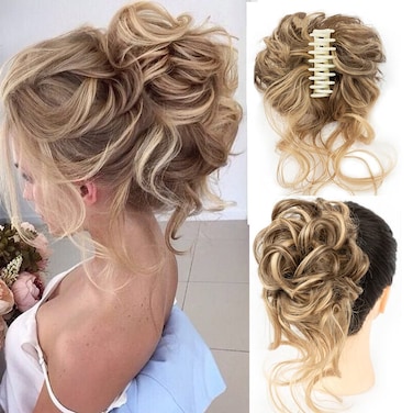 Messy Hair Bun Hairpiece for Women Clip in Claw Hair Pieces Synthetic Chignon Super Long Tousled Updo Hair Bun Extensions Wave Curly Hairpieces for Daily Wear（12h24）