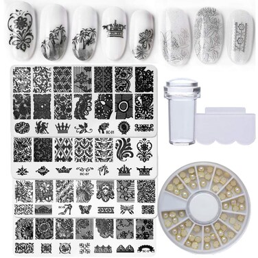Nail Stamper Kit 4pcs Nail Art Stamping Plates Flower Leaves Image Template with Clear Stamper and Scraper Decoration Rhinestones for Nails Manicure DIY Design