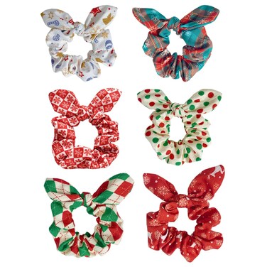 Satin Silk Bunny Ear Scrunchies for Women, 6 Count Solid Color Hair Bands Bow Hair Ties