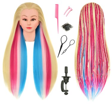 35 Inch Colorful Hair Mannequin Head Manikin Cosmetology Makeup Manican Doll Training Head with Stand for Practice Braiding Styling Updos Display