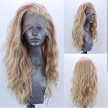 ELESTY Long Natural Curly Glueless Lace Front Wig Gloden Blonde Synthetic Lace Front Wigs for Women Left Part Glueless Heat Resistant Fiber Hair Daily Party Wig &hellip;