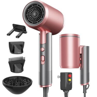Portable Ionic Hair Dryer, Foldable Handle Hair Dryer,1600W Blow Dryer with Diffuser/Concentrator/Comb Nozzle,Intelligent Temperature Control,Low Noise for Home/Salon/Travel (Pink+Grey)