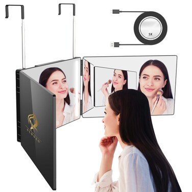 3 Way Trifold Vanity Mirror - LED Lighted, 360 Self-Cut Mirror for Shaving &amp; Braiding Hair