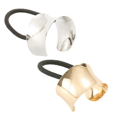 2 Pieces Metal Cuff Ponytail Holder Hair Cuff Elastic Hair Band Rope Hair Ties for Women Girls, Golden and Silver