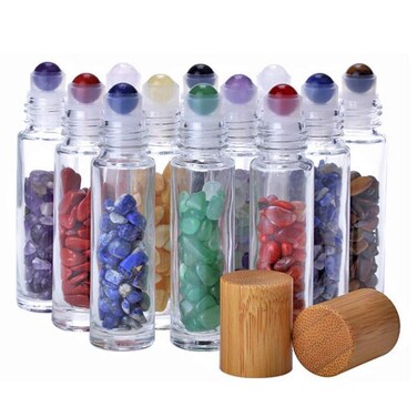 10 Pieces 10ml Clear Glass Roll-on Bottles with Gemstone Roller Ball and Healing Crystal Chips Inside Glass Roller Bottles with Natural Crystal Stones Roller Balls For Essential Oils, Bamboo Lids