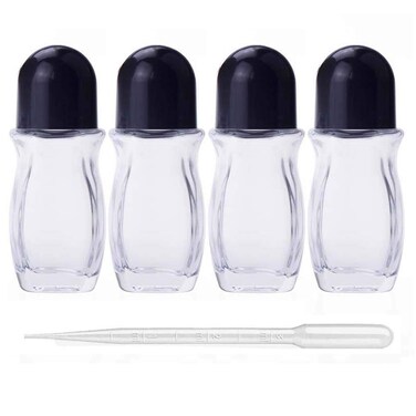 4Pcs 50ml/1.69 Oz Clear Refillable Glass Roll-On Deodorant Bottles Reusable Leak-Proof Massage Roller Bottles Containers with Roller Ball and Black Cap for DIY Deodorant, 3ml Transfer Dropper