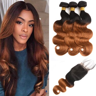 NC NC Ombre Bundles With Closure Body Wave Brazilian Hair Human 100Percentage Unprocessed Virgin (10 12 14+10 closure) 1b30 4 Piece Set