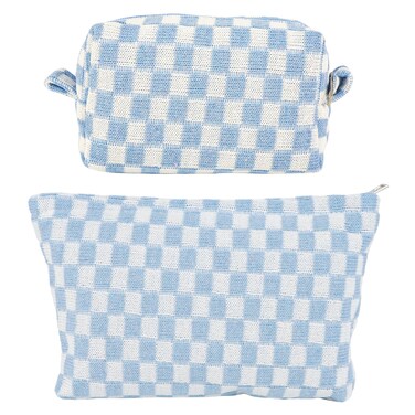 GUTGNK 2Pcs Makeup Bag For Women - Large Checkered Knitted Cosmetic Bags&amp;Small Makeup Pouch Aesthetic Design Travel Toiletry Bag Skincare Bag Car Storage Bag With Zipper(Blue)